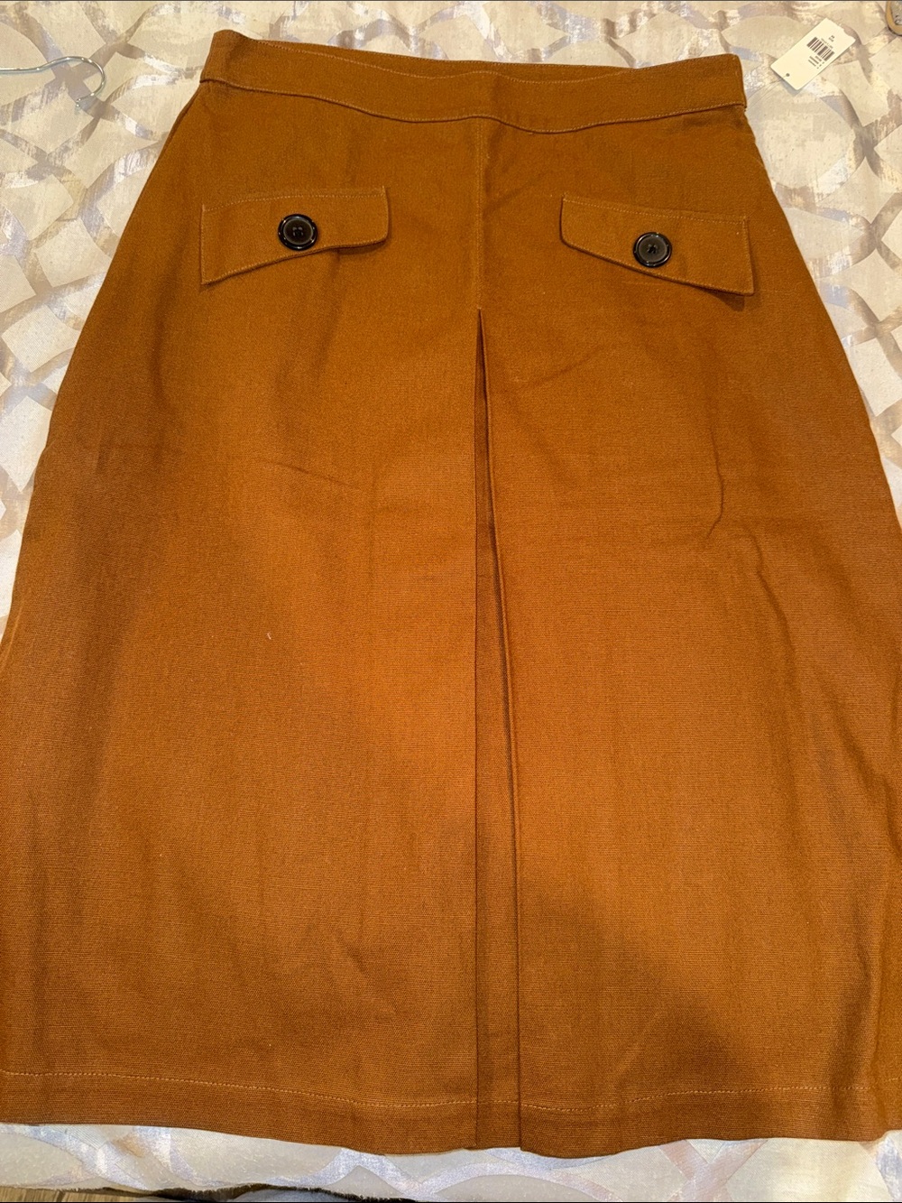 Women’s Rust Brown Pencil Skirt with Front Pleat and Button-Flap Detail